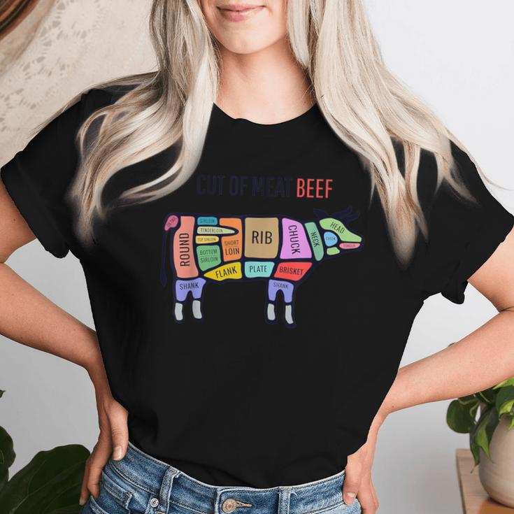 Beef Meat Cuts Line Art Butcher Cut Illustration Graphic レディースTシャツ 彼女への贈り物