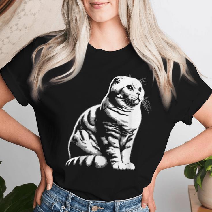 Cat Dad Mom Lover – モノクロスコティッシュフォールド。 レディースTシャツ 彼女への贈り物