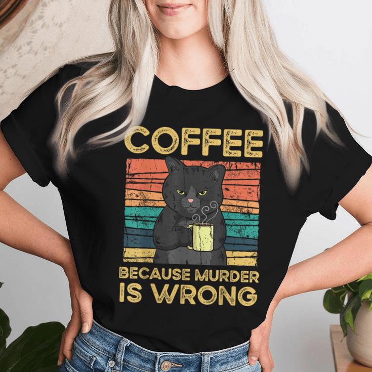 Coffee Because Murder Is Wrong ファニーブラックキャット ビンテージ レディースTシャツ 彼女への贈り物