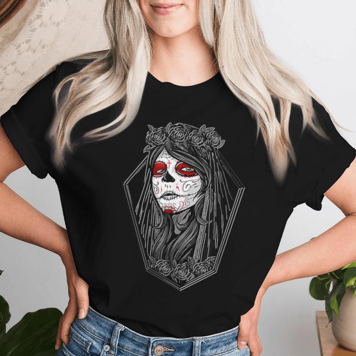 Dia De Los Muertos ハロウィン バラ メキシカンシュガースカル 女の子 レディースTシャツ 彼女への贈り物
