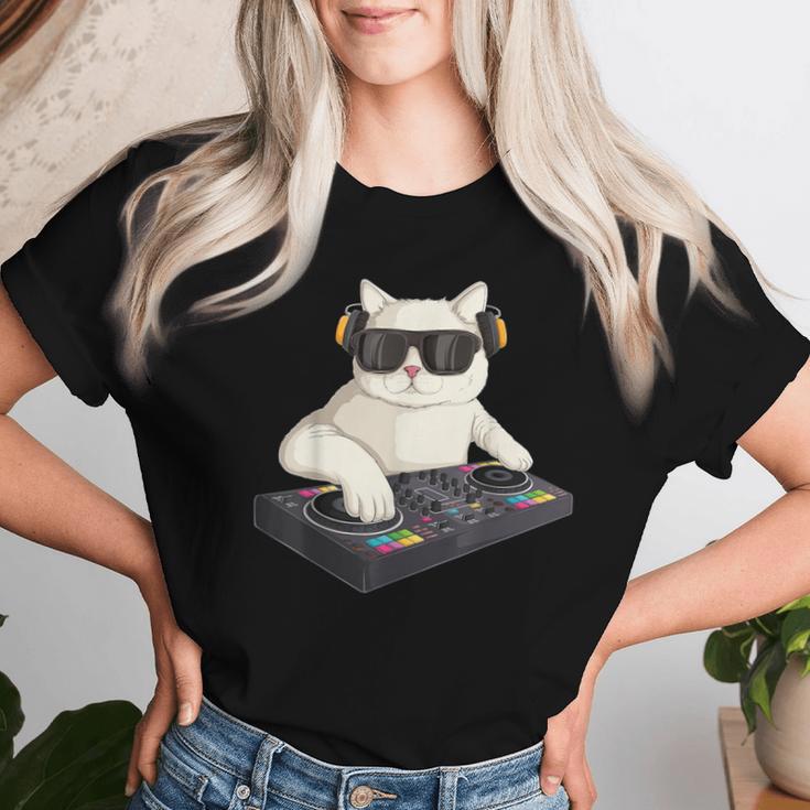 Dj Cat Techno Music Festival Lover Musician Women レディースTシャツ 彼女への贈り物