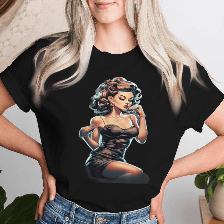 Pinup Girl ジュークボックス レコード音楽プレーヤー ヴィンテージ レディースTシャツ 彼女への贈り物