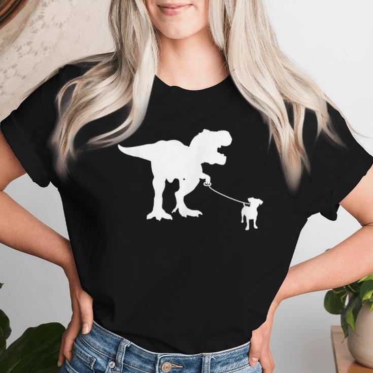 T-Rex Walking Jack Russel Divertente Cane Mamma Papà Dinosauro Trex Maglietta da donna Regalos para ella