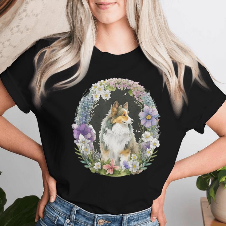 かわいい フラワー シェルティ 夏 花柄 シェットランド シープドッグ レディースTシャツ 彼女への贈り物
