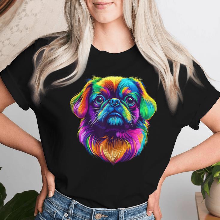 カラフル ペキニーズ犬の顔 かわいい 子犬好き 男性 女性 黒 レディースTシャツ 彼女への贈り物