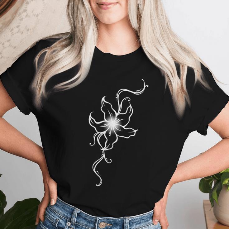 ラインアート 蘭の花 タトゥースタイル 長袖tシャツ レディースTシャツ 彼女への贈り物