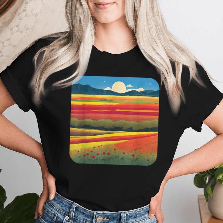夏をテーマにしたカラフルな花畑 レディースTシャツ 彼女への贈り物