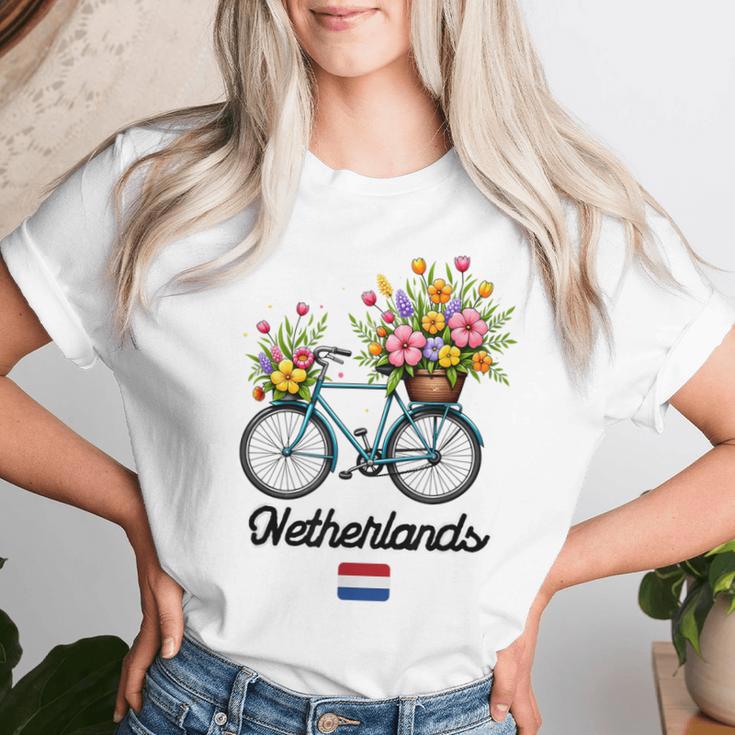 オランダの風車 チューリップフィールド オランダ 春の花 バイク レディースTシャツ 彼女への贈り物