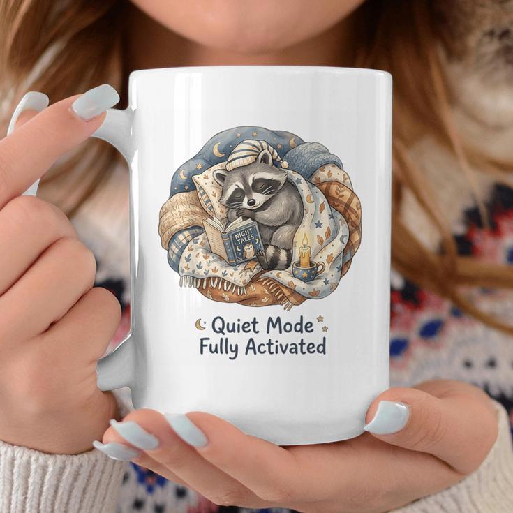 Quiet Mode Fully Activated Cozy Sleeping Raccoon Book Lover Coffee Mug White