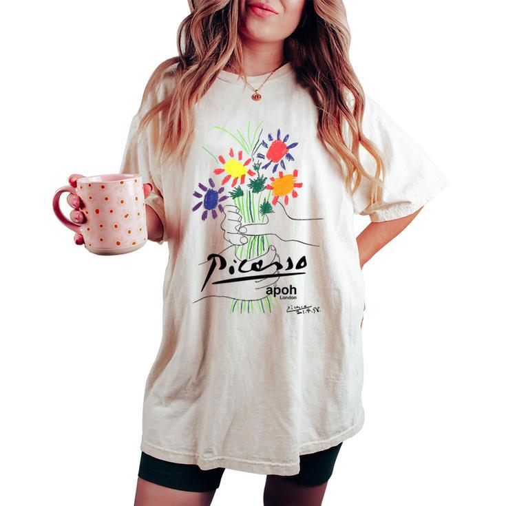ピカソ 花 描画 クラシック アート グラフィック レディースオーバーサイズコンフォートTシャツ ピカソ 花 描画 クラシック アート グラフィック レディースオーバーサイズコンフォートTシャツ