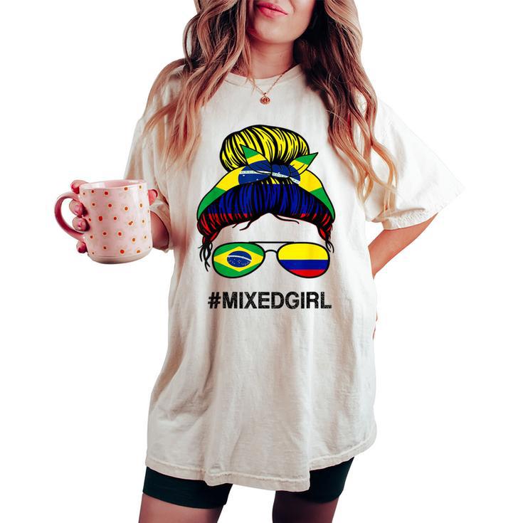 Brasil Colombia Bandera Brasil Colombiano Messy Bun Camiseta extragrande cómoda para mujer