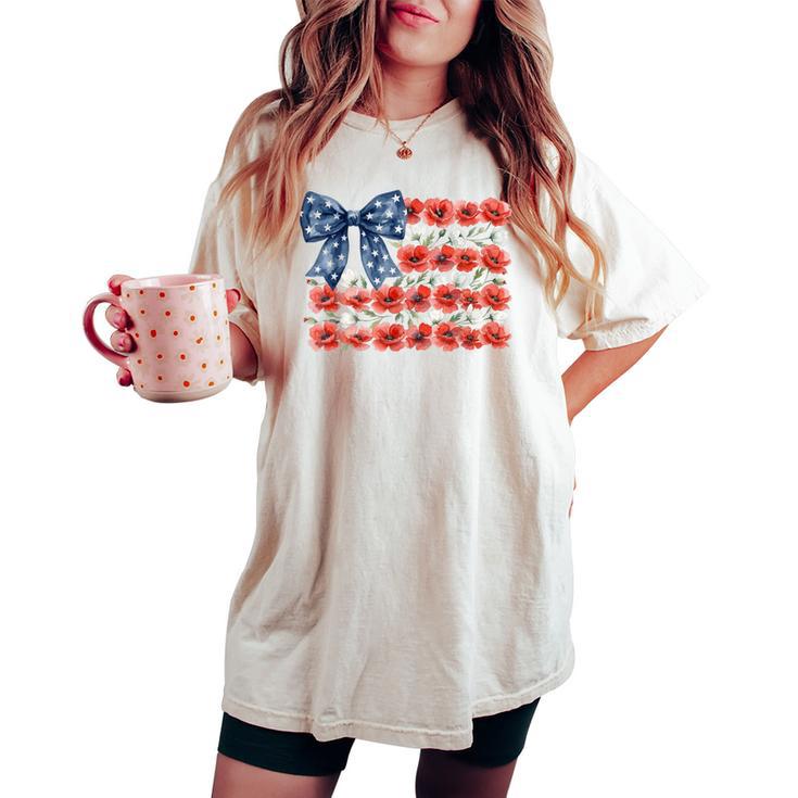 Floral American Flag Coquette Bow Usa 4Th Of July Patriotic Women's Oversized Comfort T-shirt