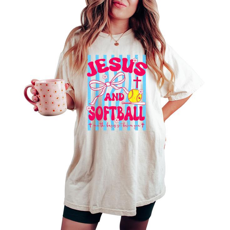 Jesus And Softball Bow Christian Mom Mama Girls Faith Womens Women's Oversized Comfort T-shirt