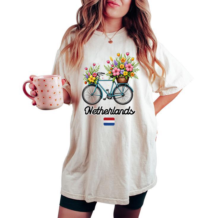 オランダの風車 チューリップフィールド オランダ 春の花 バイク レディースオーバーサイズコンフォートTシャツ