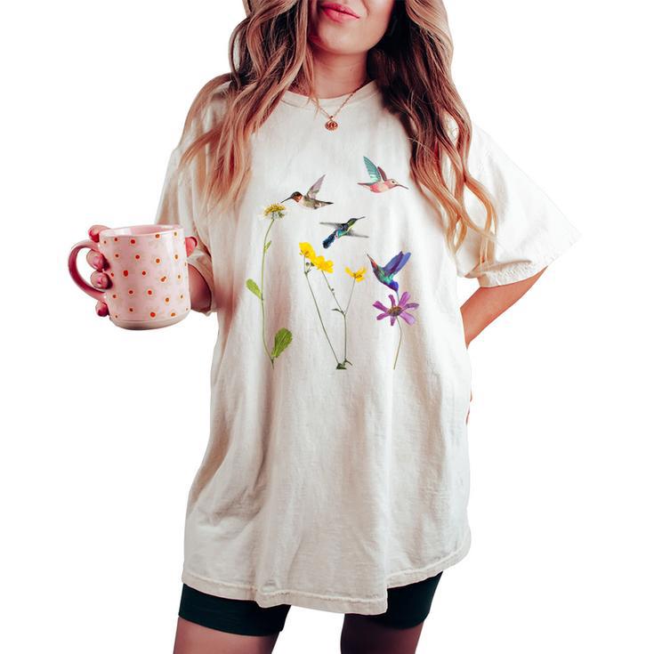 ハチドリと花のtシャツ レディースオーバーサイズコンフォートTシャツ