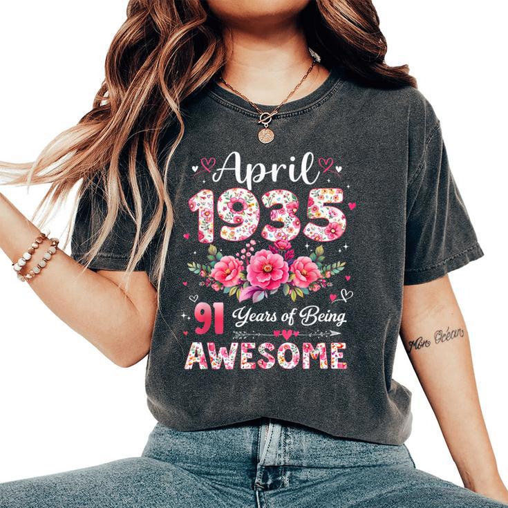 91歳 1935年4月 花柄 91歳 誕生日 男性 女性 レディースオーバーサイズコンフォートTシャツ