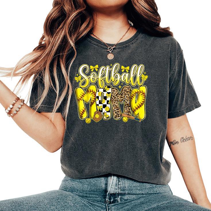 Softball Mama Leopard Bow Coquette Cute Softball Mom Women's Oversized Comfort T-Shirt