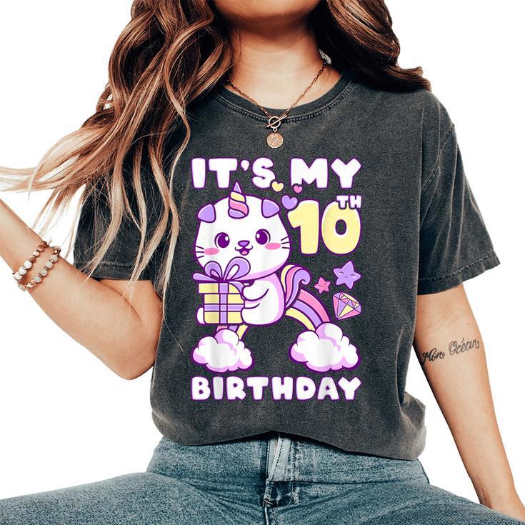 誕生日の女の子10歳、猫、ユニコーン、10歳の誕生日 レディースオーバーサイズコンフォートTシャツ