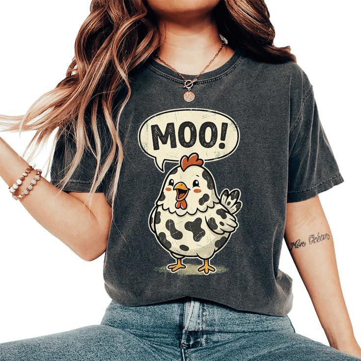 Moo 鶏 牛 農場 動物 ユーモア 男性 女性 キッズ 4 レディースオーバーサイズコンフォートTシャツ Moo 鶏 牛 農場 動物 ユーモア 男性 女性 キッズ 4 レディースオーバーサイズコンフォートTシャツ