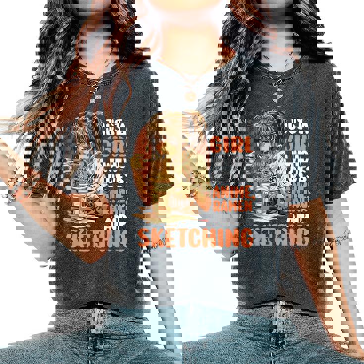 Just A Girl Who Loves Anime Ramen Andketching Anime Manga レディースオーバーサイズコンフォートTシャツ