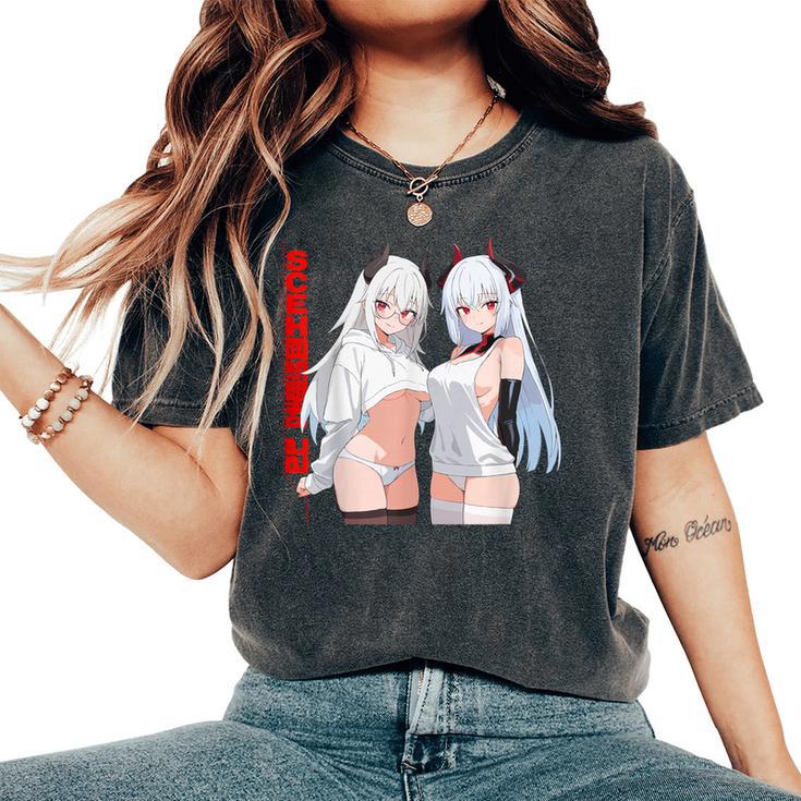 Waifu セクシー アニメ 女の子 メガネ 角 和風 レディースオーバーサイズコンフォートTシャツ
