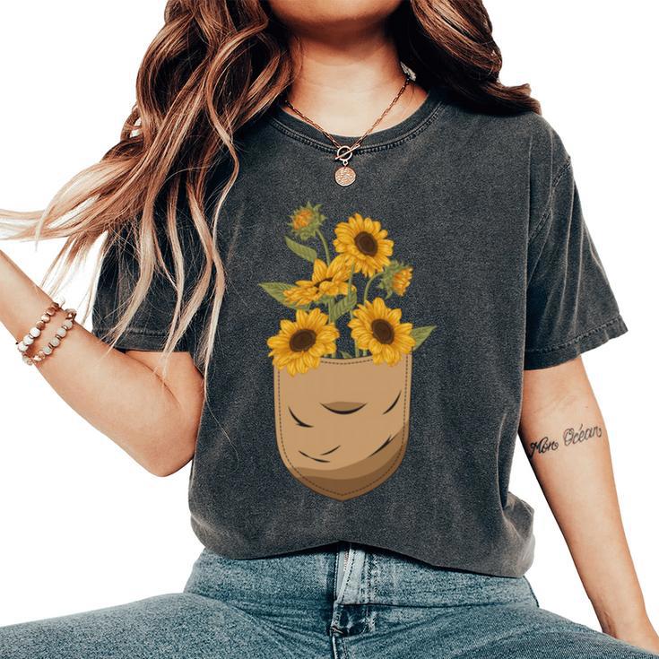 ゴッホ ひまわり ポケットアート 花柄 恋人スタイル 長袖tシャツ レディースオーバーサイズコンフォートTシャツ