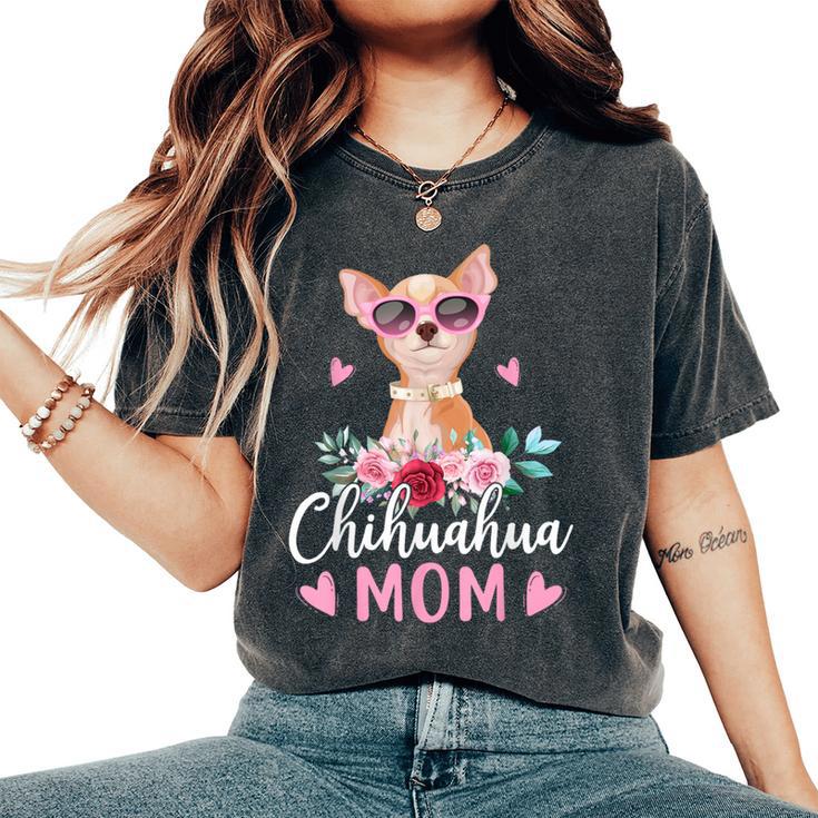 チワワの所有者のためのかわいいチワワのママサングラスの花 レディースオーバーサイズコンフォートTシャツ チワワの所有者のためのかわいいチワワのママサングラスの花 レディースオーバーサイズコンフォートTシャツ