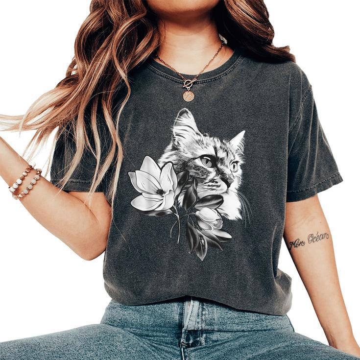 マグノリアの花と美しい猫 レディースオーバーサイズコンフォートTシャツ