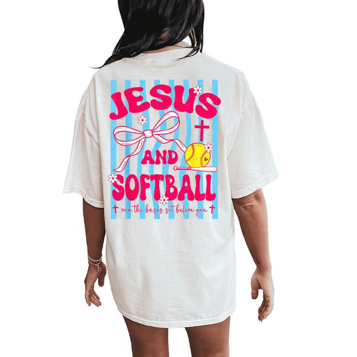 Jesus And Softball Bow Christian Mom Mama Girls Faith Womens Women's Oversized Comfort T-Shirt Back Print