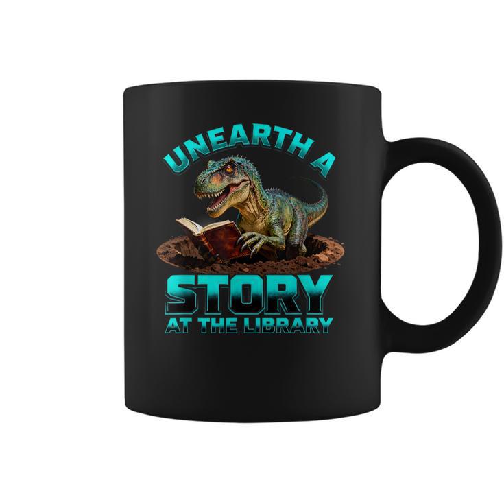 Unearth A Story At The Library Dinosaur Reading Coffee Mug Unearth A Story At The Library Dinosaur Reading Coffee Mug