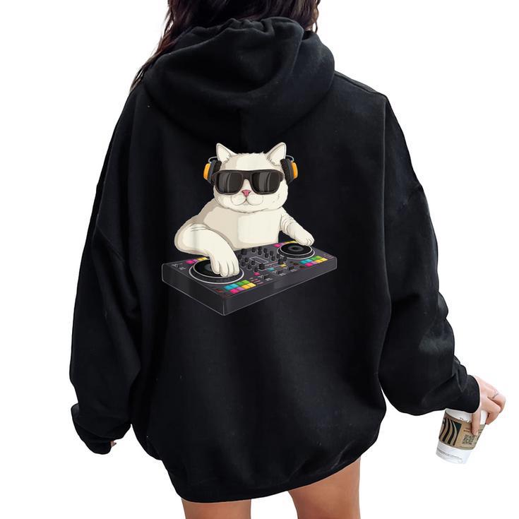 Dj Cat Techno Music Festival Lover Musician Women レディース オーバーサイズ パーカー バックプリント