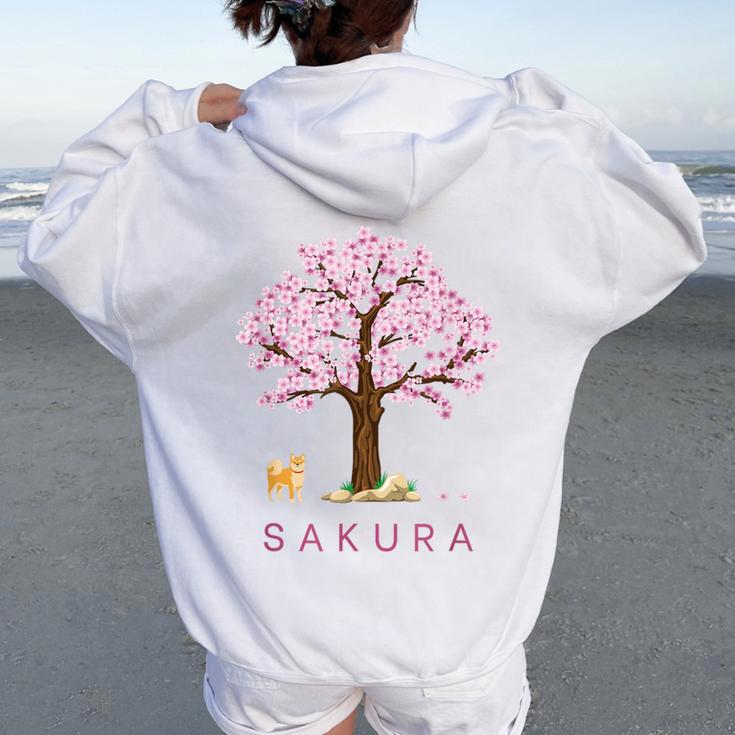 柴犬 和 桜 桜 花 木 春 レディース オーバーサイズ パーカー バックプリント