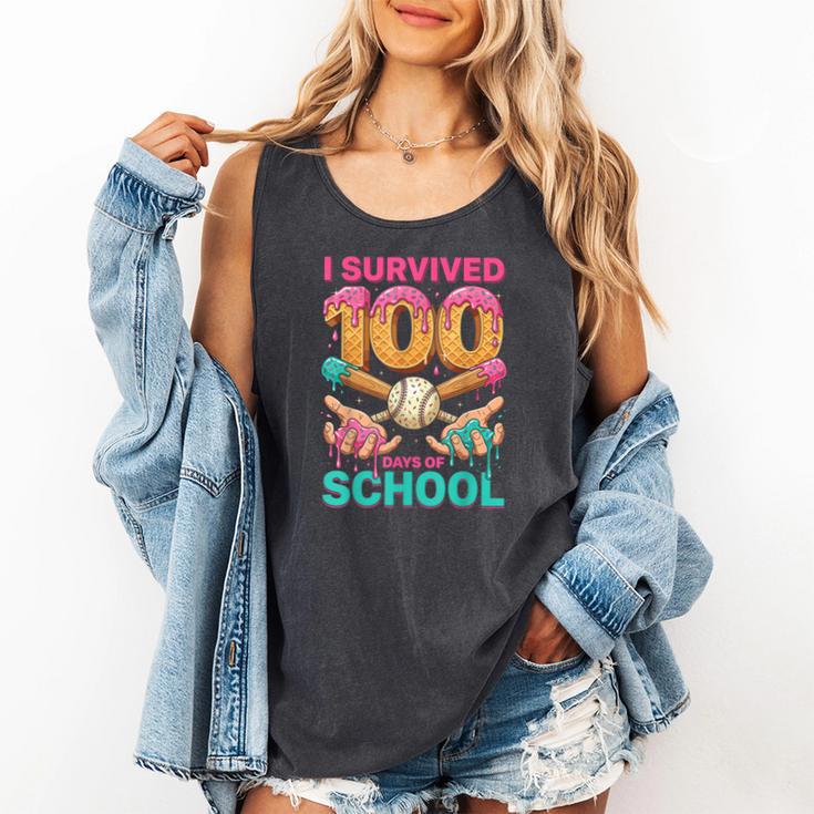 I Survived 100 Days Of School Baseball Ice Cream Drip Comfort Colors Tank Top