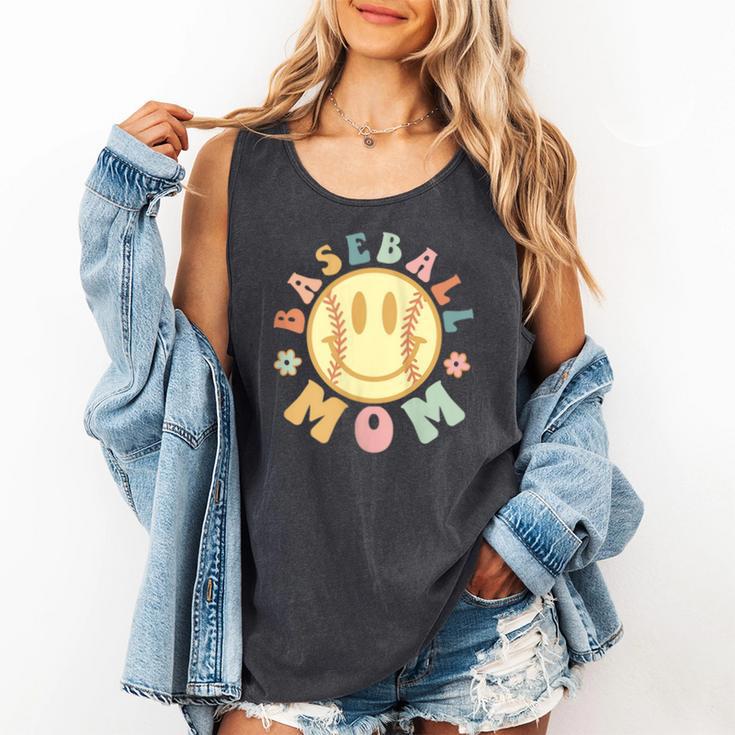 Groovy Retro Floral Happy Smiling Face Baseball Mom Comfort Colors Tank Top