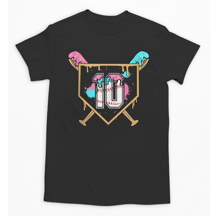 10th Birthday Baseball Bat Ice-Cream Drip 10yrs Old Boys Unisex T-Shirt