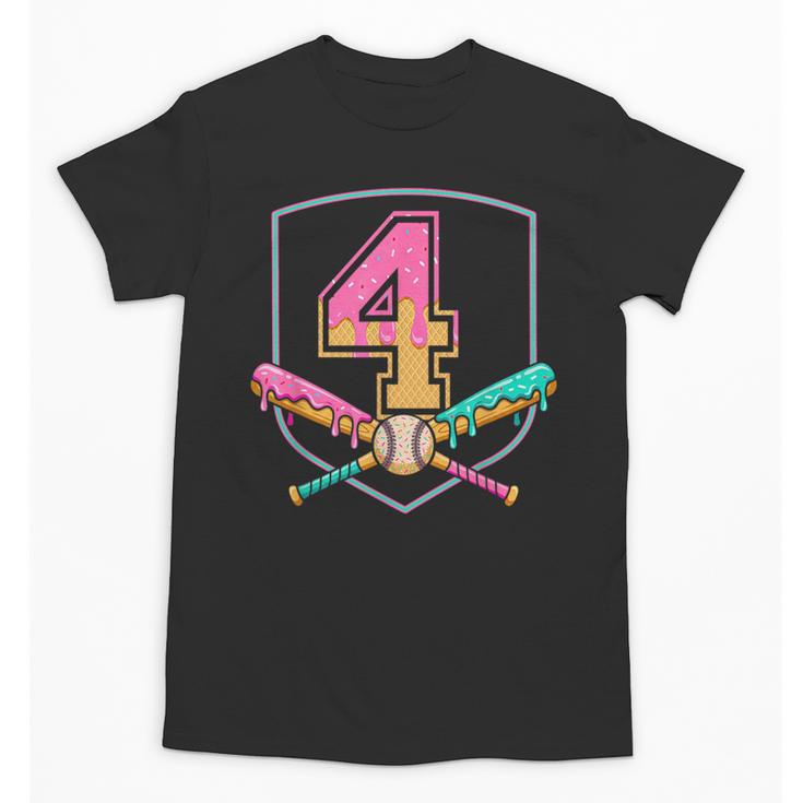 4th Birthday Baseball Bat Ice-Cream Drip 4yrs Old Boys Girls Unisex T-Shirt