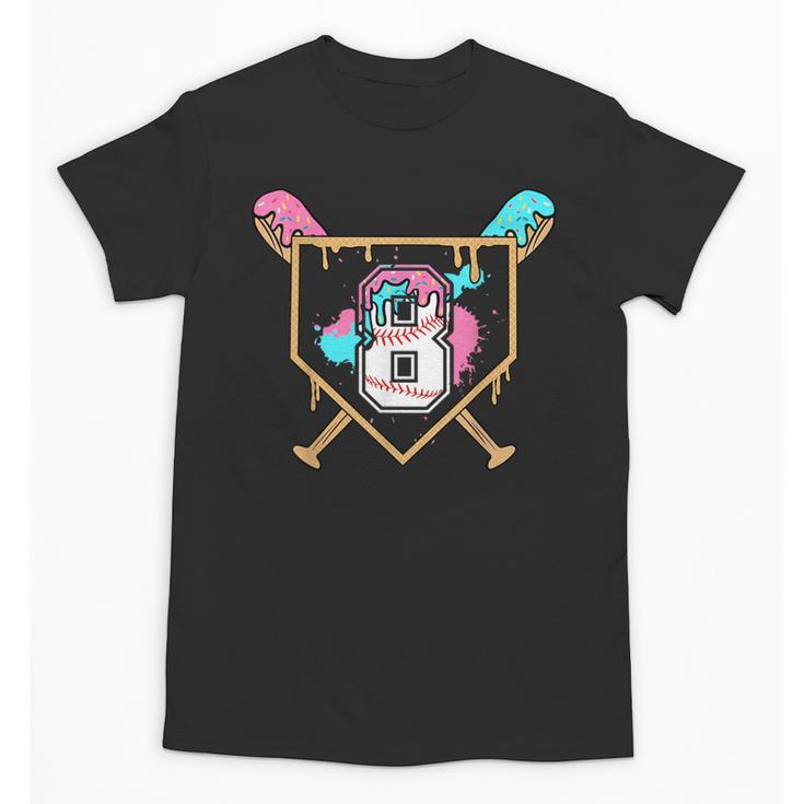 8th Birthday Baseball Bat Ice-Cream Drip 8yrs Old Boys Girls Unisex T-Shirt