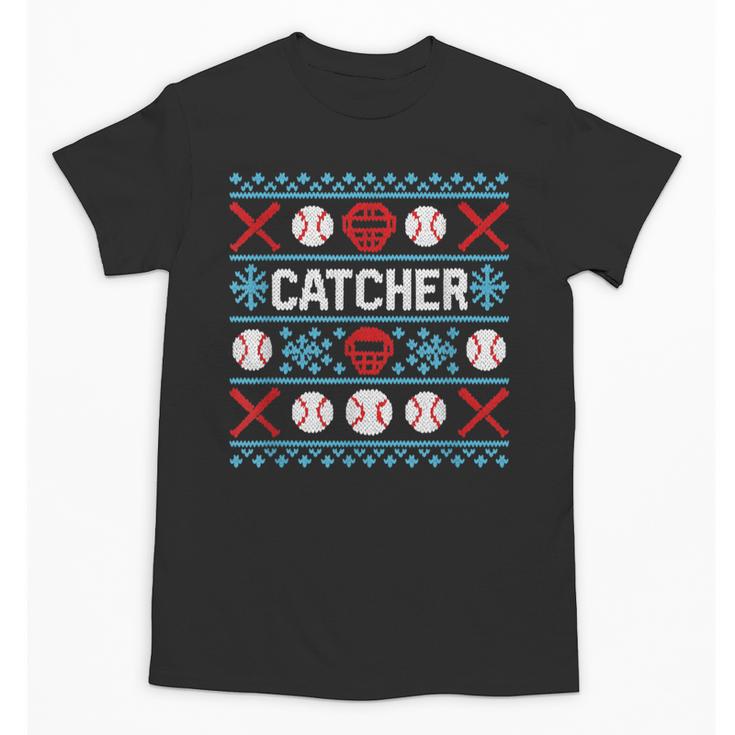 Baseball Catcher Ugly Christmas Sweater Pattern Sports Xmas Unisex T-Shirt