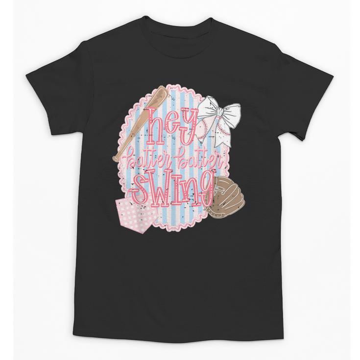 Hey Batter Batter Swing Baseball Game Day Coquette Bow Girly Unisex T-Shirt