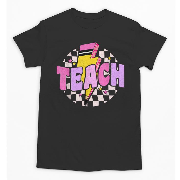 Retro Checkered Teach Pencil Lightning Back To School Unisex T-Shirt