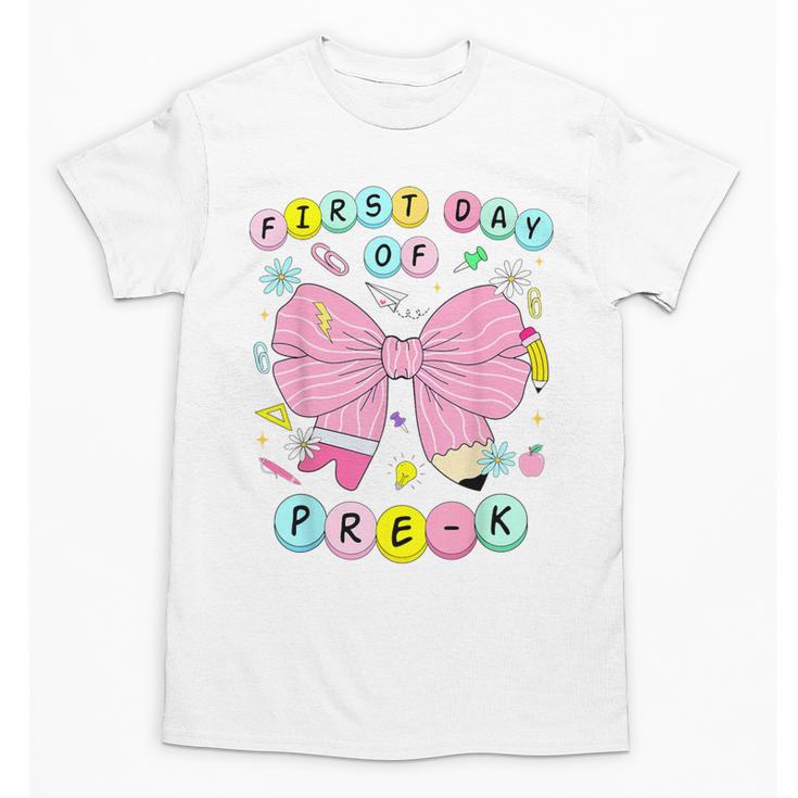 First Day Of Pre-K Girls Coquette Bow Back To School Kids Unisex T-Shirt