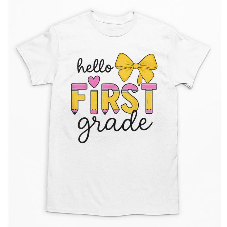 Hello First Grade For Girls Boys Cute Back To School Pencil Unisex T-Shirt