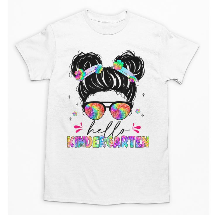 Hello Kindergarten Shirt Messy Bun Tie Dye Back To School Unisex T-Shirt