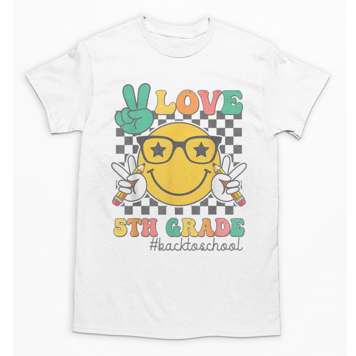 Peace Love 5th Grade Cute Smile Face Back To School Girls Unisex T-Shirt