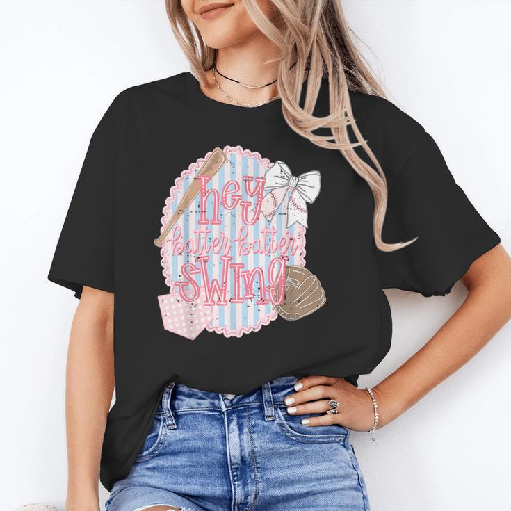 Hey Batter Batter Swing Baseball Game Day Coquette Bow Girly Unisex T-Shirt