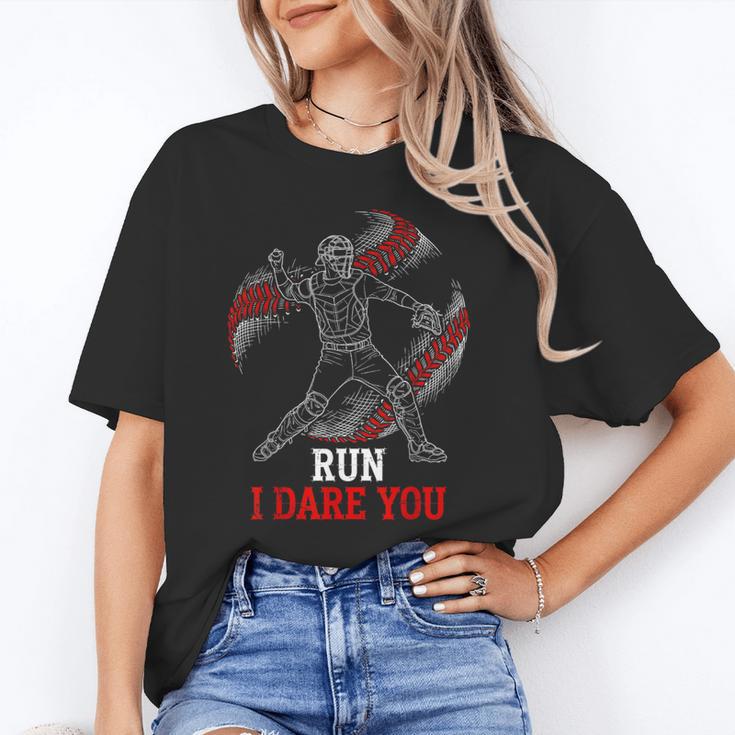 Run I Dare You Baseball Catcher Graphic Players Fans Unisex T-Shirt