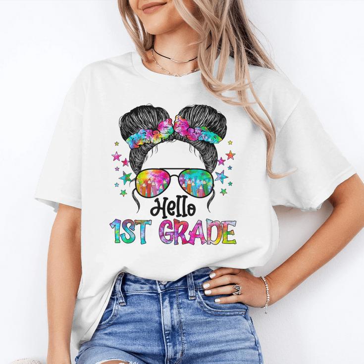 Messy Hair Bun Girl Back To School First Day Hello 1st Grade Unisex T-Shirt Messy Hair Bun Girl Back To School First Day Hello 1st Grade Unisex T-Shirt