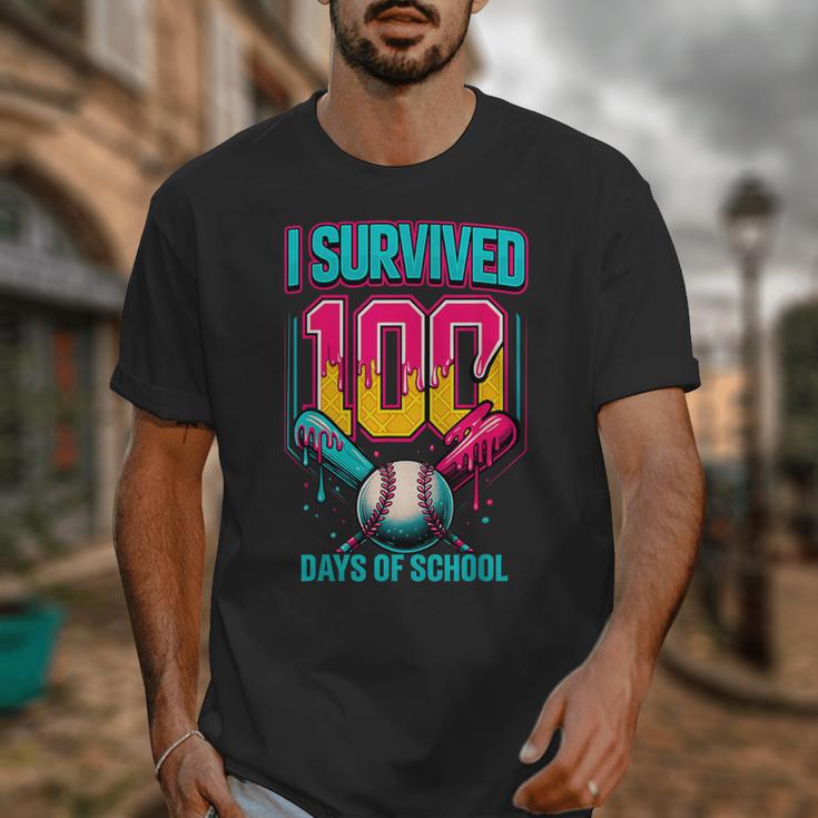 HUGvyn I Survived 100 Days Baseball Teacher Ice Cream Drip Unisex T-Shirt