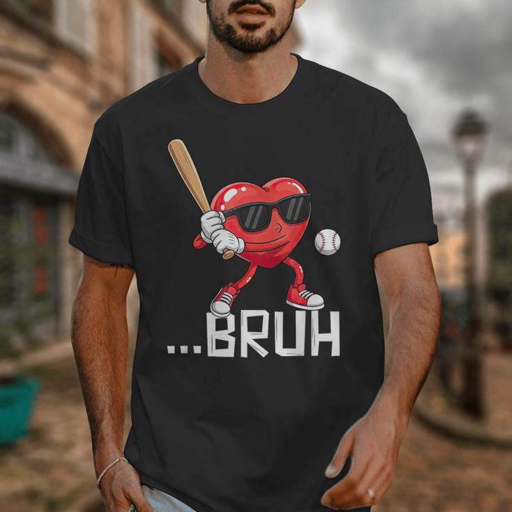 Valentines Bruh Red Heart Playing Baseball Men Boys Kids Unisex T-Shirt