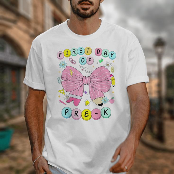 First Day Of Pre-K Girls Coquette Bow Back To School Kids Unisex T-Shirt
